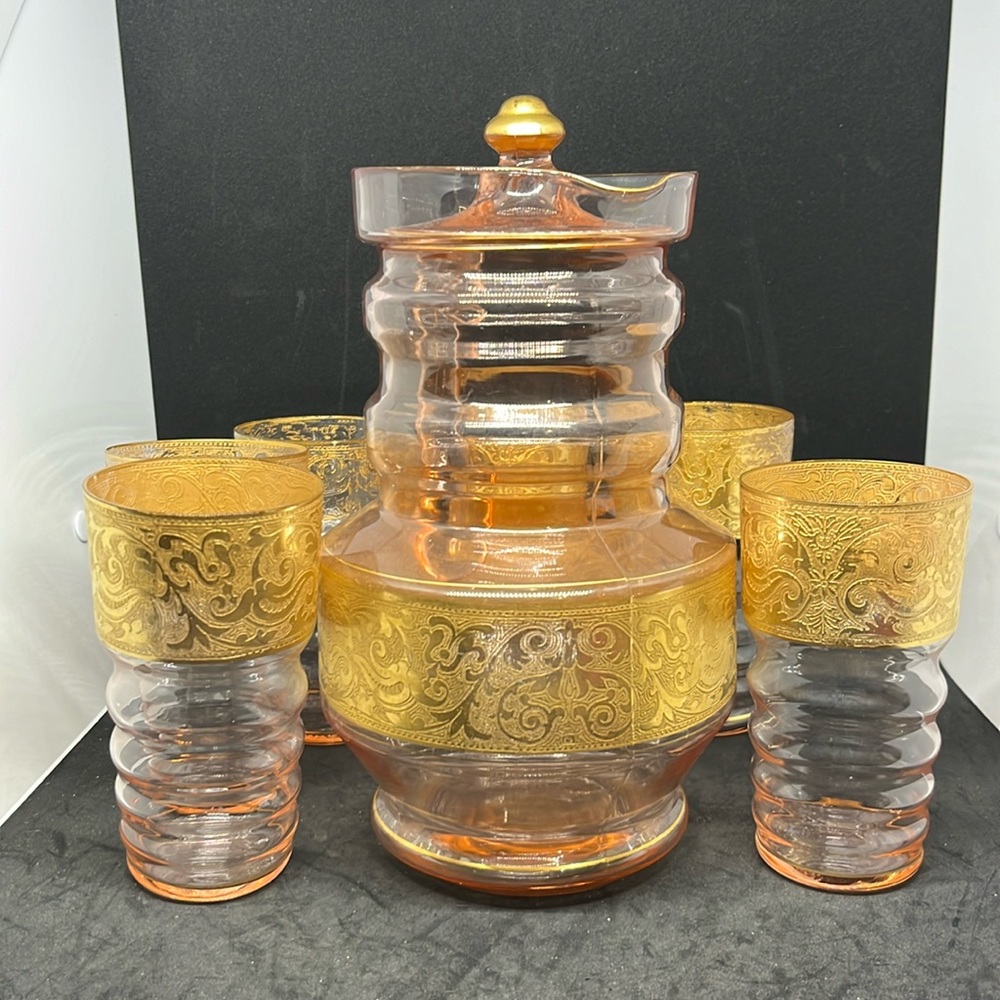 Art Deco Dunbar Flint Pink /G Depression Lemonade Pitcher 1920's with 6 glasses - Picture 1 of 14